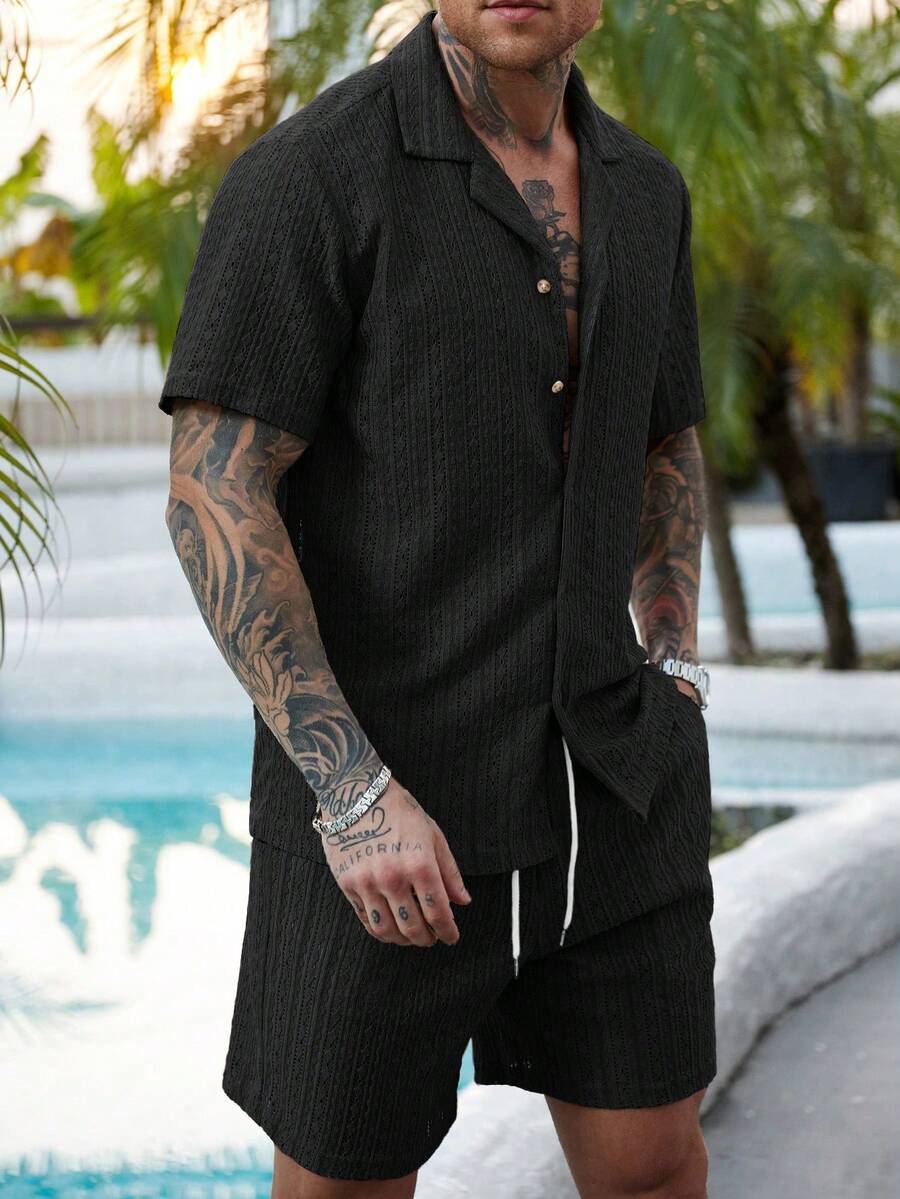 Manfinity RSRT 2 Pcs/Set Men's Solid Color Button-Down Hollow Shirt And Shorts Set, Vacation Solid Color Husband Casual Wear, Suitable For Vacation, Seaside Beach, Daily Leisure,Summer Wear Sets For Men Men Shirt Co Ords Men Outfits 2 Pieces, Cozy Outfits