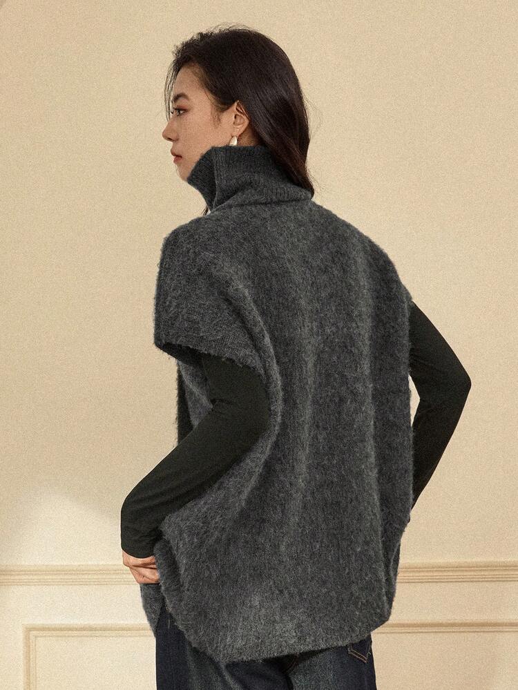 Women's Solid Color Turtleneck Batwing Short Sleeve Loose Casual Knit Top, Autumn/Winter