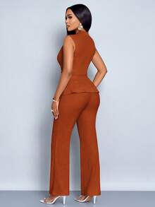 SOLERSUN 女款杏色优雅V领长袖T恤阔腿裤两件套不对称下摆两件套日常休闲女装春夏无袖短袖 - 棕色 - 查看 2