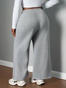 SHEIN PETITE CURVE 大码休闲低腰抽绳弹力运动裤喇叭裤保暖内衬复合绒面料运动裤，适合秋冬季穿着 - 灰色 - 查看 2