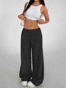 Flirla Petite 女式超低腰休闲有机棉直筒裤 - 黑色 - 查看 6