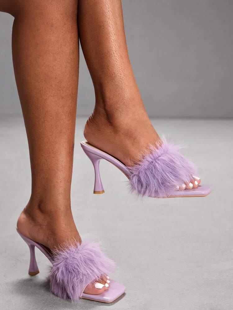 CUCCOO SZL Women's Purple Fluffy Square Toe Stiletto Heel Slides, Fashionable Sexy Elegant Goddess Party Dress High Heel Sandals, Spring/Summer For Christmas