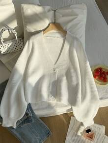 Comfortcana Cardigan Rajut Bergaris Polos Kasual Ukuran Besar dengan Bahu Jatuh, Sweater Cardigan Putih, Pakaian Musim Gugur untuk Wanita - Putih - View 8