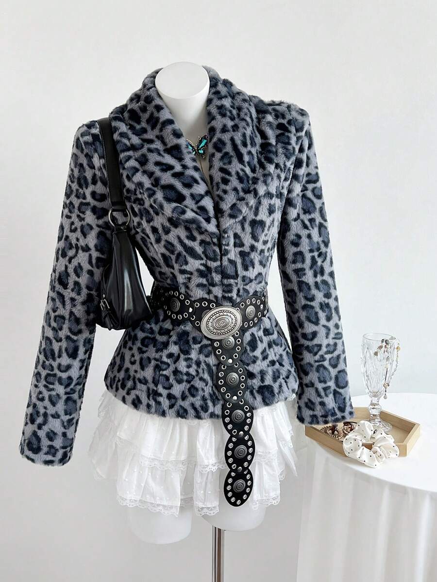 Elamini Women's New Autumn/Winter Leopard Print Lapel Cardigan, Vintage Style - Blue - View 1