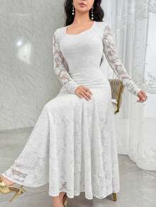 Modelyn Elegant Square Neck Lace Cinched Waist Mermaid Hem Cocktail Dress - White - View 1