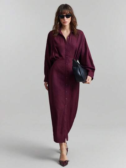 Ontre Women's Solid Color Batwing Sleeve Single-Breasted Casual Shirt Dress, Urban Chic Business Casual Elegant Versatile Dress For Daily Wear, Party, Date, Summer