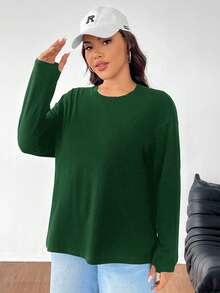 SHEIN EZwear 大码纯色简约日常圆领长袖T恤，橄榄绿 - 墨綠色 - 查看 3