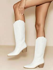 Daringsoles 女式尖头粗跟一脚蹬白色西部靴，绒面刺绣及膝马靴，适合秋冬 - 白色 - 查看 8