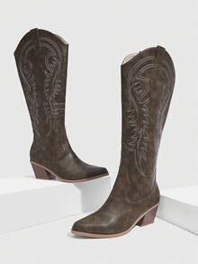 Daringsoles Giày bốt cao gót mũi nhọn kiểu Tây cho nữ, giày bốt cưỡi ngựa cao đến đầu gối thêu da lộn cho mùa thu/đông - Xám - Xem 9