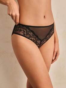 Charlaine Schwarze Blumen-Spitze, Wimpernspitze, Spitzen-Patchwork, Sexy, transparent, weich, Büro, Alltagstragen Damen Unterhosen - Schwarz - Übersicht 2