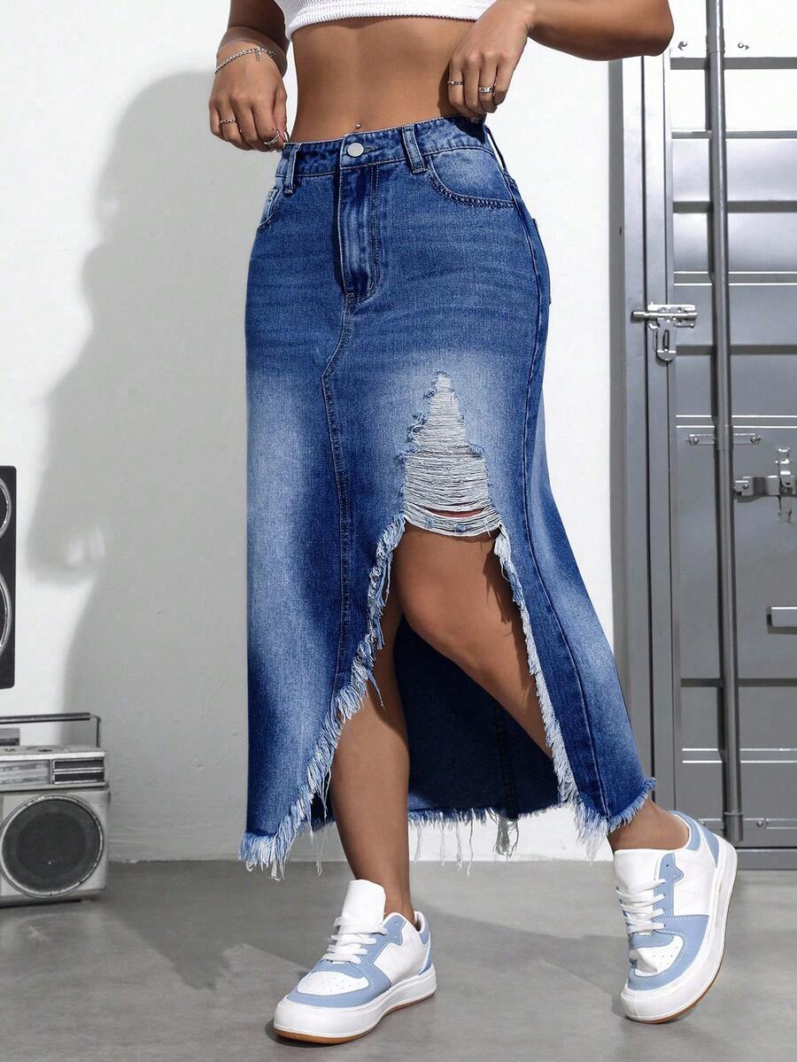 SHEIN SXY 大码休闲水洗做旧开衩牛仔裙 - 藍色 - 查看 1