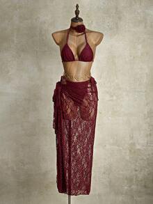 Swim Chiccia 女士蕾丝优雅花卉系带三角杯泳衣套装，酒红色，性感沙滩度假装 - 酒紅色 - 查看 3