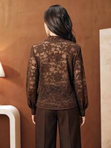 Anewsta 优雅时尚新年圣诞派对约会之夜蕾丝泡泡袖复古女式衬衫，秋冬款 - 咖啡棕 - 查看 7