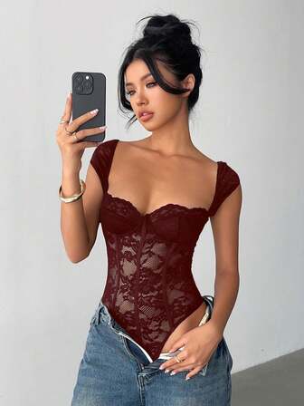 Aloruh Body de encaje de unicolor sexy y de moda para mujer