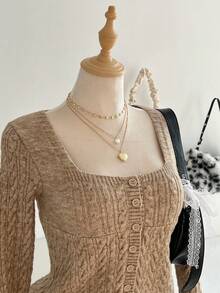 Elamini Áo khoác cardigan cổ vuông cài nút phía trước dệt kim xoắn phong cách cổ điển dành cho nữ - Màu Khaki - Xem 5