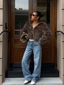 Muchica 女士新款咖啡棕色短款连帽仿皮草外套，冬季 - 咖啡棕 - 查看 3