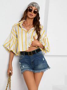 SHEIN Privé Striped Print Lantern Sleeve Shirt - Yellow - View 3