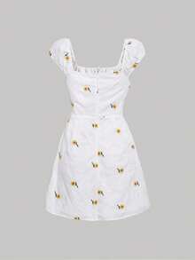 SHEIN MOD Floral Embroidery Ruched Bust Dress - White - View 2