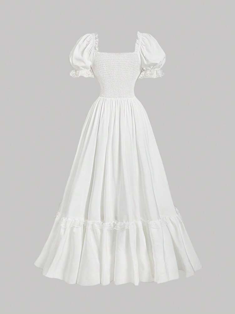 SHEIN MOD فستان ماكسي أبيض كبير الحجم من الأقمشة الدانتيل المبطن المكشكش بطراز فيكتوري، فستان حفلة، فستان سهرة، صنعة راقية - أبيض - مشاهدة 2