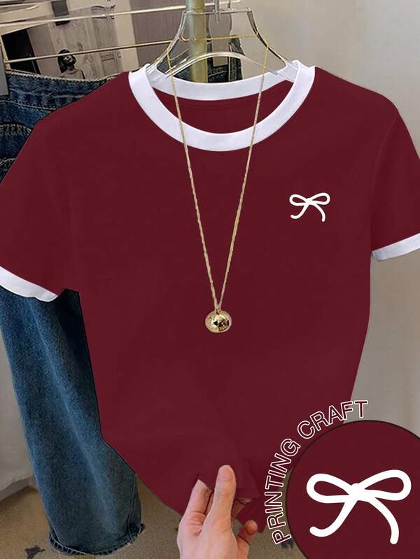 Resyla Women's Casual Bow Print Contrast Trim Round Neck T-Shirt, Summer
