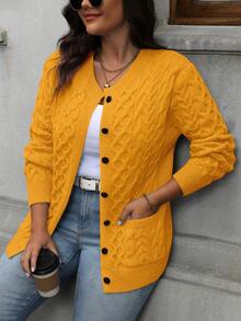 大码女式休闲纯色纽扣长袖开衫 - 黃色 - 查看 4