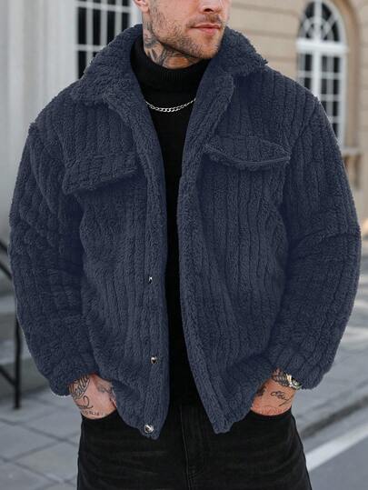 Manfinity Homme 大码翻盖纽扣前襟法兰绒夹克，男士短袖外套，男士冬季服装，男士夹克，男士前襟纽扣长袖口袋简约夹克，休闲日常穿着，男士夹克，男士秋冬夹克，男友礼物，保暖长袖休闲灯芯绒法兰绒夹克，外出穿着，泰迪熊内衬外套，男士S码，男士街头夹克，男士短袖外套，街头风美式复古灯芯绒夹克