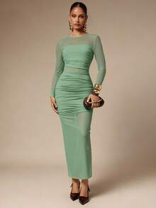 Silquee Women's Solid Color Round Neck Raglan Sleeve Ruched Fashionable Sheer Dress - Mint Green - View 6