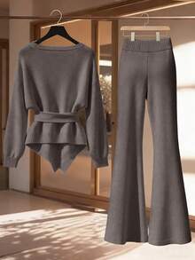 Franclia 2pcs/Set Women Casual Loose Fashion Elegant Commuting High-Quality Knitted Sweater Set, Autumn/Winter Wide Leg Pants Set Grey Two Piece Set Elegant 2 Piece Set Formal Two Piece Set - Coffee Brown - View 2