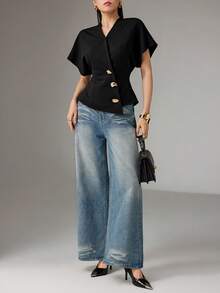 Heiryn 女士时尚通勤蝙蝠袖斜襟衬衫，夏季 - 黑色 - 查看 4