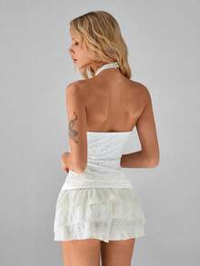 SHEIN Unity 1 件女式白色休闲/通勤/约会交叉挂脖上衣，时尚环扣设计，精致浪漫蕾丝，合身，休闲，性感，修身 - 白色 - 查看 2