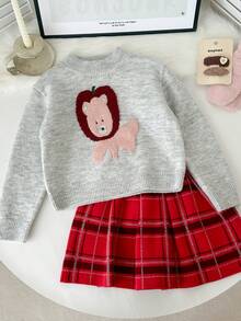Genkimix Kids Young Girl Cartoon Pattern Sweater & Plaid Skirt Set - Multicolor - View 3