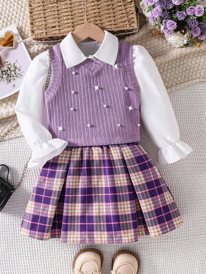 Sparklyn 女童纯色衬衫、串珠背心和撞色格子裙套装，适合休闲、上学、圣诞节等场合。