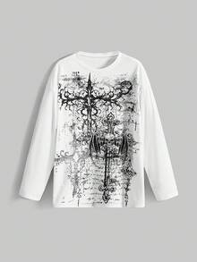 ROMWE Grunge Punk Women's Punk Cross Distressed Print Pullover Sweatshirt - White - View 1