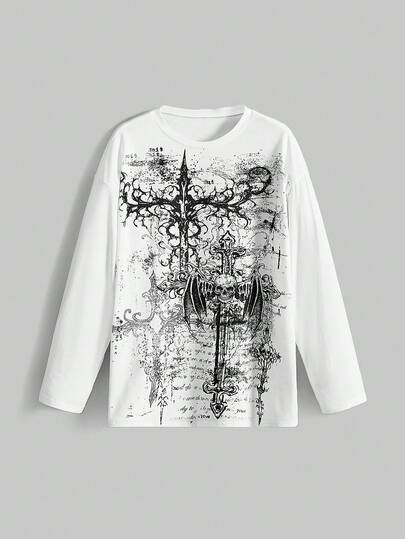 Grunge Punk Damen Punk Kreuz Destroyed Muster Pullover Sweatshirt