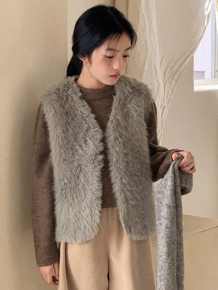 Tween Girls' Solid Color Casual Loose Faux Fur Vest, Autumn/Winter