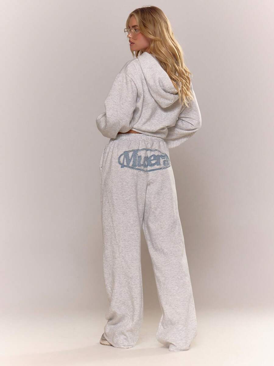MUSERA Distressed Back Logo Wide Leg Elasticated Joggers Loungewear Cosy Everyday Fall Autum   Y2k Spring Sweatpants - Multicolor - View 1