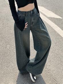 DAZY 女式宽松口袋直筒休闲牛仔裤，宽松牛仔裤