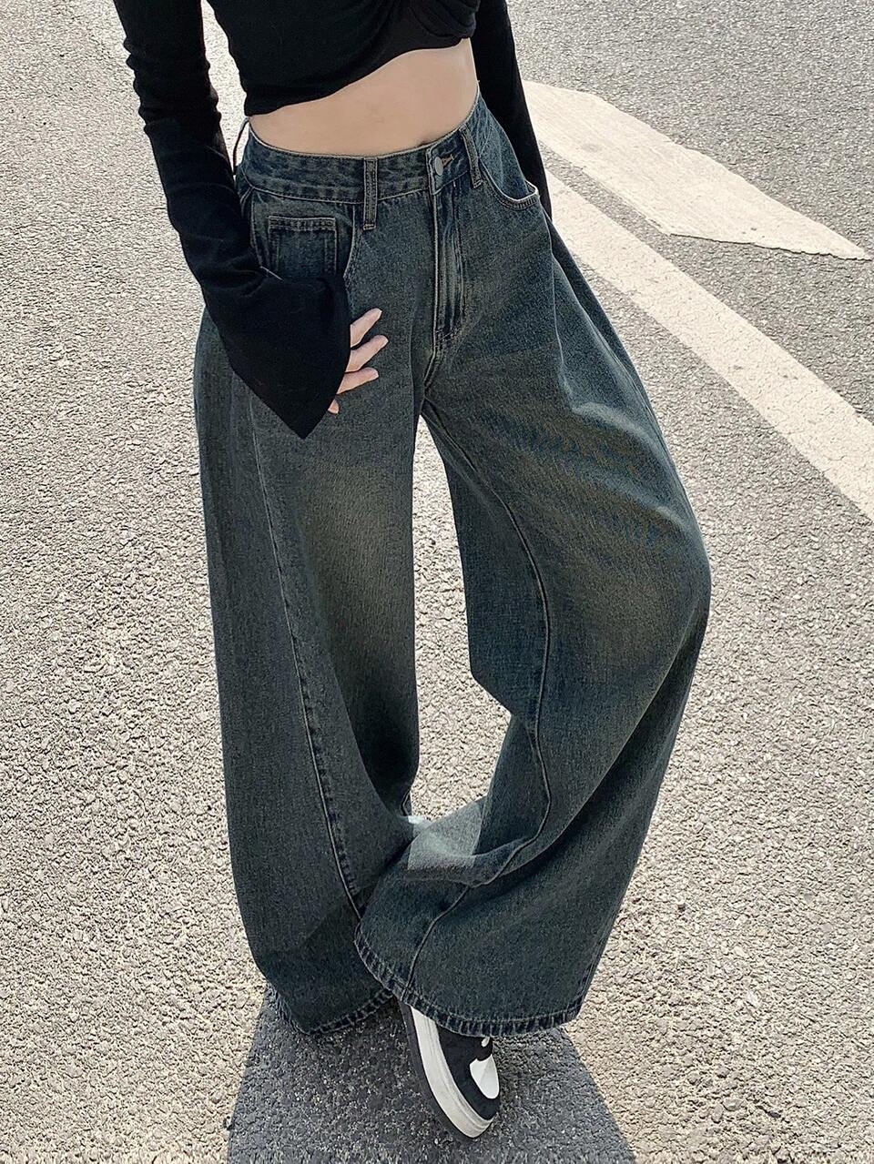 Women's Loose Fit Pockets Straight Leg Casual Jeans,Baggy Jeans