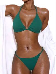 Swim Vcay 2026 Spring/Summer Women's Vacation Special Fabric Spaghetti Strap Halter Peacock Green Sexy Thong Bikini 2 Pieces Swimsuit - Dark Green - View 3