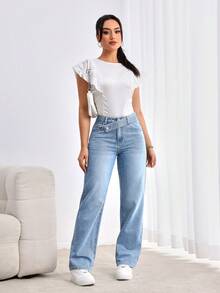 EMERY ROSE 女式不对称腰带口袋直腿宽松休闲牛仔裤 - 淺色水洗藍 - 查看 7