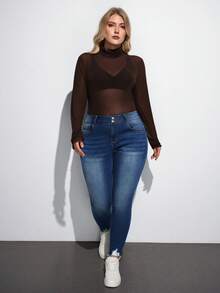 Maija Plus Size Distressed Skinny Stretch 7/8 Length Denim Jeans, Blue - Blue - View 4