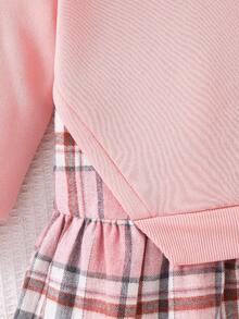 SHEIN Young Girl Casual Commuting School Style Plaid Hem 2 In 1 Sweatshirt Dress, Autumn/Spring - Pink - View 7