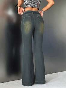 SHEIN ICON Women's Low Waist Flared Leg Double Button Jeans - Dark Wash - View 2