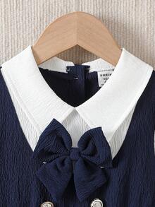 SHEIN Elladie kids 女童藏蓝色彼得潘领双排扣褶裥下摆长袖两用连衣裙，适合休闲、优雅、通勤、校园等场合。 - 寶藍色 - 查看 6