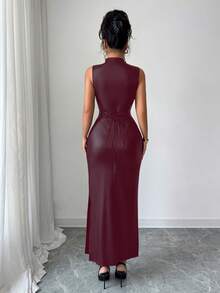 SHEIN Elenzya Đầm dài ôm sát gợi cảm cổ đứng không tay chất liệu da co giãn thắt lưng nơ bên hông mới cho nữ, phù hợp cho các buổi hẹn hò, tiệc tùng, đi chơi, trẻ trung và thanh lịch, mùa thu/đông - Màu Đỏ Sâu - Xem 2