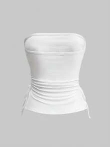 ROMWE J-Fashion Áo thun nữ Y2K đính đá chéo, viền đen, không dây, có dây rút - trắng - Xem 2