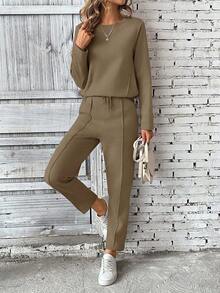 SHEIN PETITE 2 件套女式长袖运动衫和裤子套装，运动衫上衣配抽绳连帽衫，松紧腰裤 - 摩卡棕 - 查看 3