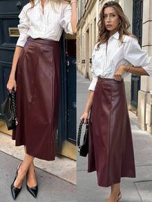 Pariaura 女士酒红色PU皮拉链A字裙，适合万圣节派对、婚礼宾客等场合，优雅百搭，冬季外出穿着，秋冬季圣诞节等节日穿着，时尚别致。 - 酒紅色 - 查看 4