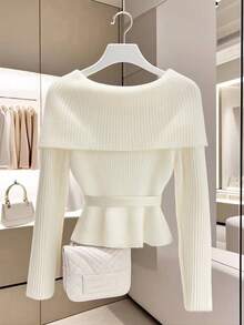 Franclia 女士秋冬简约白色时尚针织长袖套头毛衣，适合秋季、新年、感恩节、派对、婚礼等场合，优雅百搭。 - 白色 - 查看 2