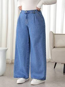SHEIN PETITE CURVE 大码女式高腰口袋阔腿宽松休闲牛仔裤，适合冬季、圣诞节、新年、感恩节、通勤、度假、毕业典礼等场合，时尚百搭，Y2K风格，可爱街头风，适合派对、婚礼等优雅商务场合。 - 藍色 - 查看 3